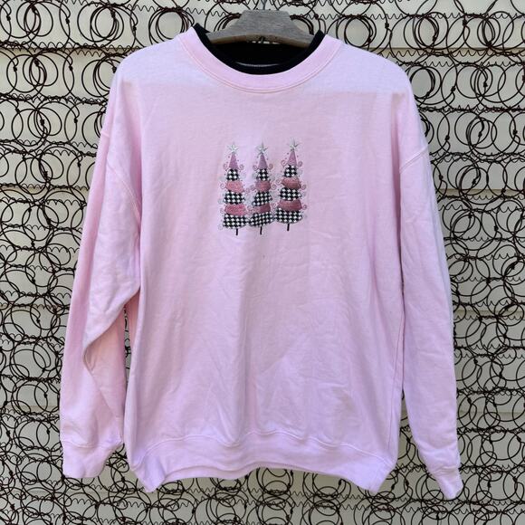 Vintage Tops - Vintage Coquette Whimsy Pale Pink Black plaid Christmas Tree Crewneck Sweatshirt